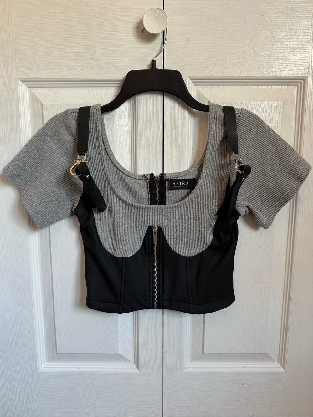 AKIRA Gray Ribbed Scoop Crop with Black Bustier Overlay and faux leather straps